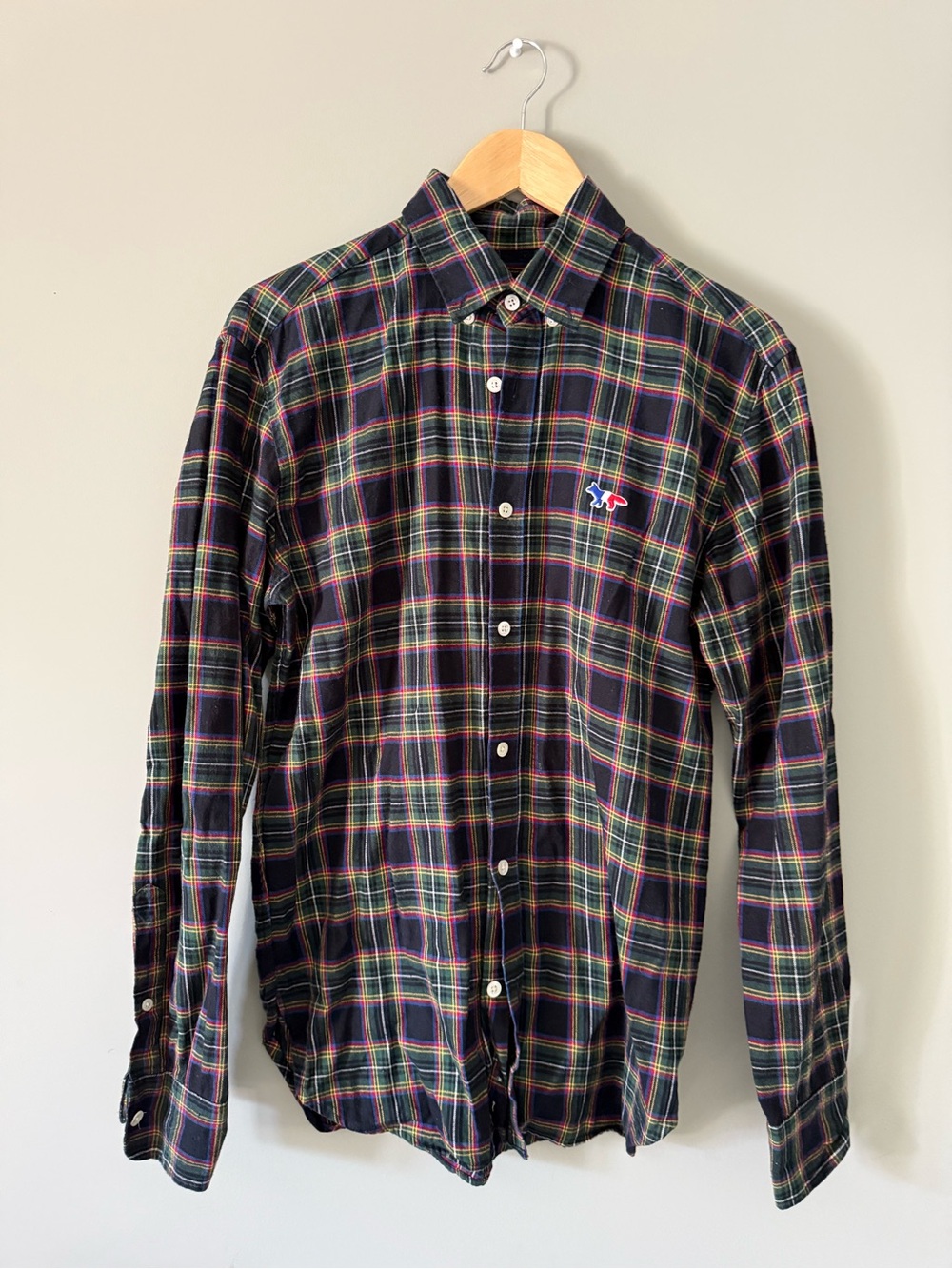 MAISON KITSUNE Black Navy Green Plaid Button-Down Shirt